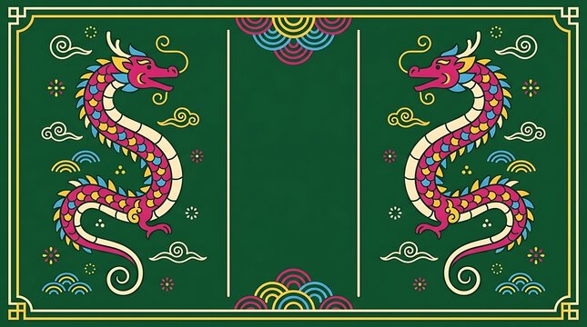 Pair of ornate traditional dragons facing center for banner graphic with festive oriental style motifs mythical creature festival celebration illustration ornament
