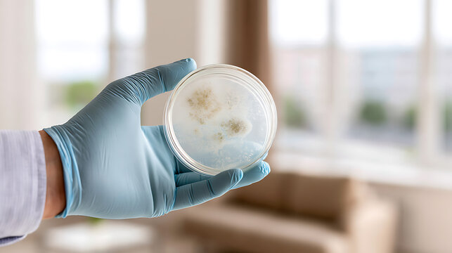 Scientist hold petri dish with mold culture indoor laboratory study examine test sample fungus hygiene health hazard domestic environment risk