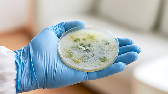 Scientist hold petri dish with mold culture sample in laboratory setting for biomedical research, medical study and pharmaceutical test analysis