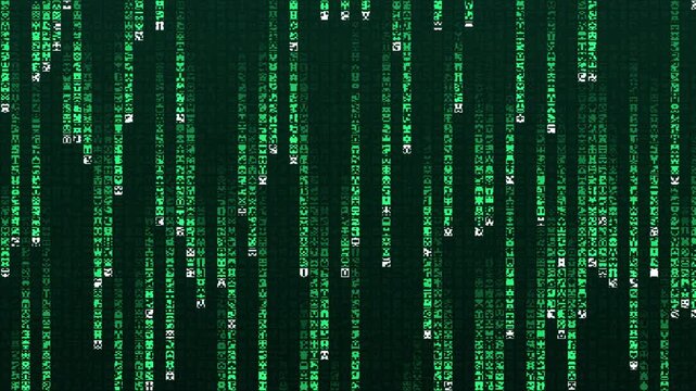 Falling digital code rain with glowing green glyph streams, cyber data stream technology background