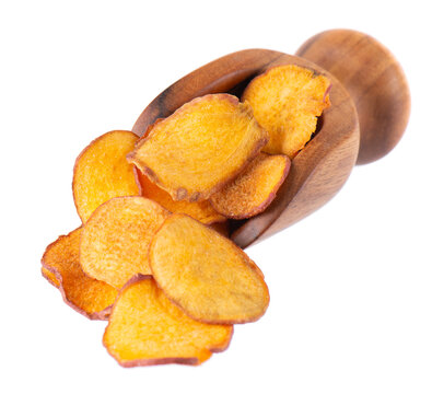 Crispy roasted sweet potato chips with sea salt, isolated on white background. Healthy and crunchy natural vegetable snack. Clipping path.