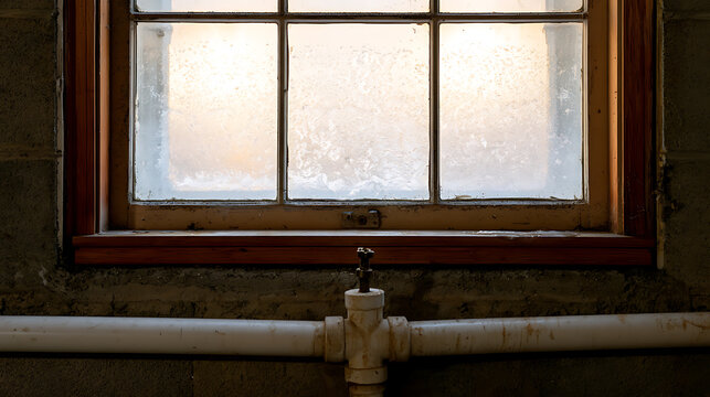 Basement window with wooden frame and metal pipe in front of concrete wall, interior view of old house with natural light and rustic look
