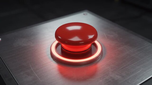 Large red emergency button pressing itself on metal control panel, glowing red ring after activation. Concept of alarm, launch and urgent action