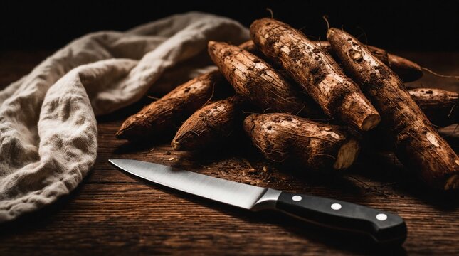 Raw cassava roots lie on rustic wooden table with kitchen knife, linen cloth. Fresh manioc tubers sit in dark moody light for cooking preparation. Organic starchy vegetable ingredients ready for