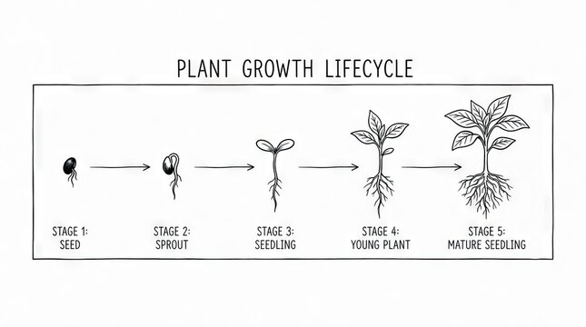 Diagram of plant growth lifecycle from seed to seedling.