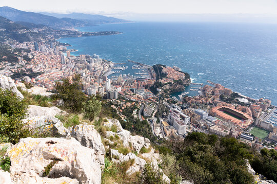 Sweeping view over Monaco, Monte Carlo, Port Hercule and the Rock from the limestone cliffs above the city