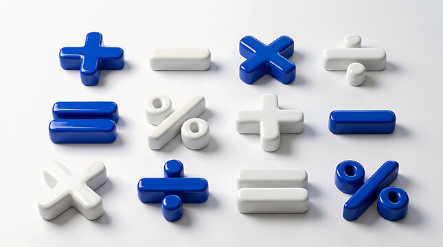 Set of 3d math symbols including plus minus multiply divide and percentage signs in blue and white
