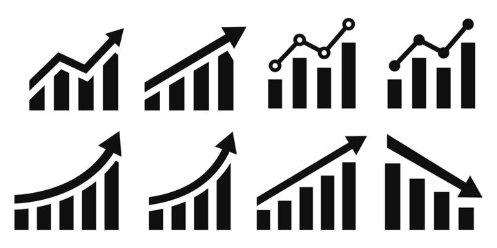 Set of eight black bar chart and growth trend icons on transparent background