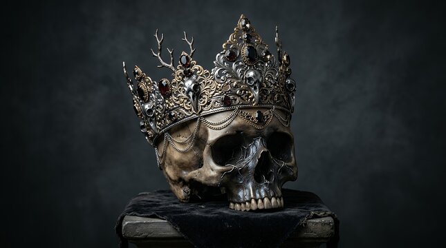 Surreal fantasy human skull adorned with ornate metallic silver and gold royalty crown against neutral studio backdrop representing abstract mortality gothic luxury aesthetic skull surreal