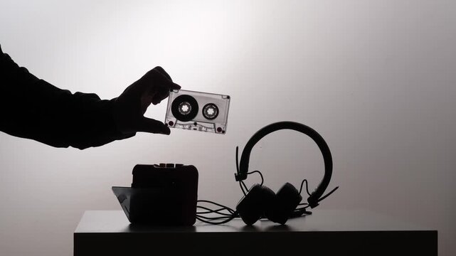 Person's hand holding an audio cassette tape above a portable player and headphones, symbolizing vintage analog music technology and retro listening experience