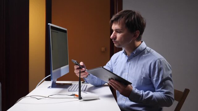 Man working at an office desk, checking a smartphone while holding a tablet beside a desktop computer and wireless router, illustrating connected technology and digital multitasking indoors