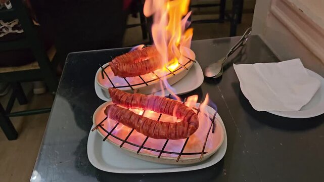 Sausage getting ignited and flaming in restaurant food presentation