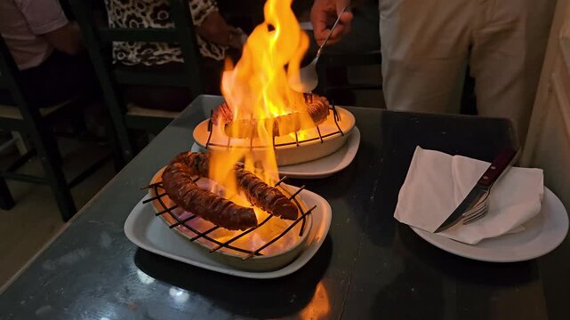 Portuguese chourico sausage on fire with flames from burning alcohol presented in restaurant