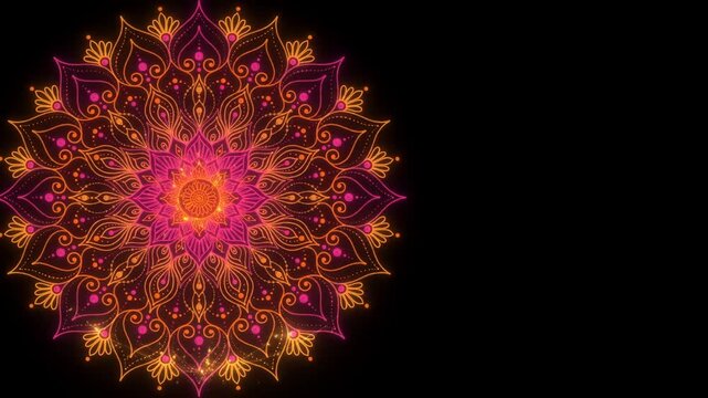 Glowing rangoli mandala drawing itself in saffron and gold lines on black background, festive animation loop

