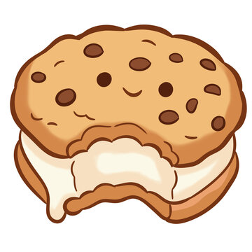 Chocolate chip cookie ice cream sandwich with bite mark vector transparent background