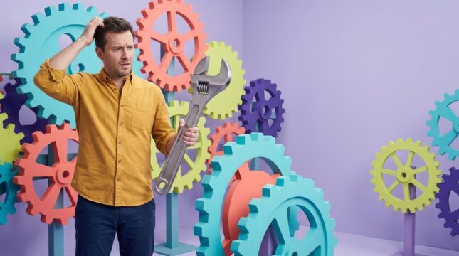 Confused man holding a giant wrench while standing before a wall of multicolored gears representing a complex technical problem or mechanical challenge in a studio