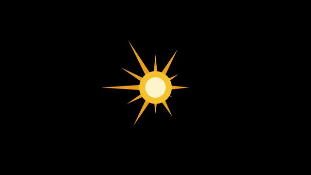Animated sun icon with radiant light rays, minimalist yellow celestial on black background, solar animation