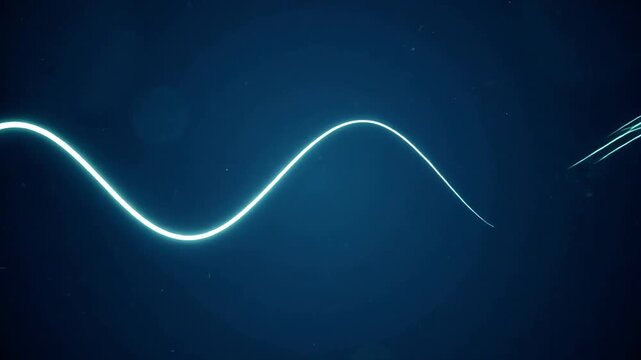 Glowing white scribble unravels into a smooth wave on a dark blue abstract background