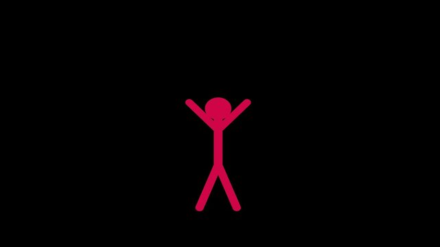 Minimalist pink stick figure jumping jack animation on black background, for motion person