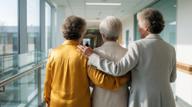Two senior women walk together in bright hospital hallway. One elderly lady supports friend with arm around shoulder. Retired female friends walk through modern clinic corridor. Mature women show