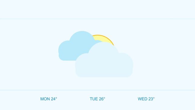 Animated weather forecast icon with sun and clouds, minimalist flat motion for meteorology apps and digital