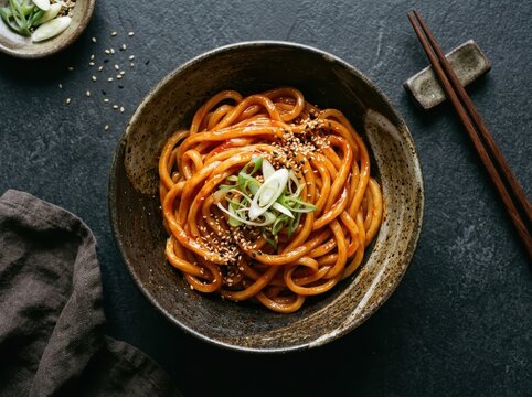 Gochujang Butter Noodles In Bowl With Green Onion