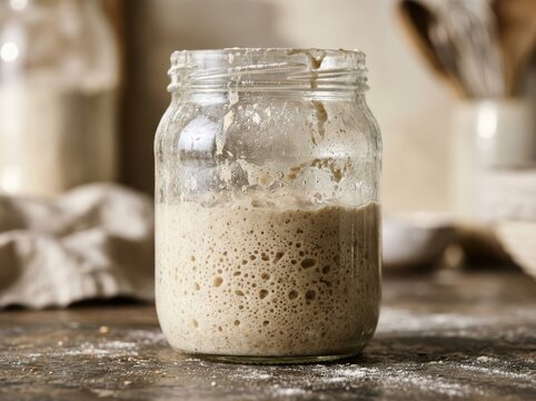 Bubbling Sourdough Starter In Clear Glass Jar
