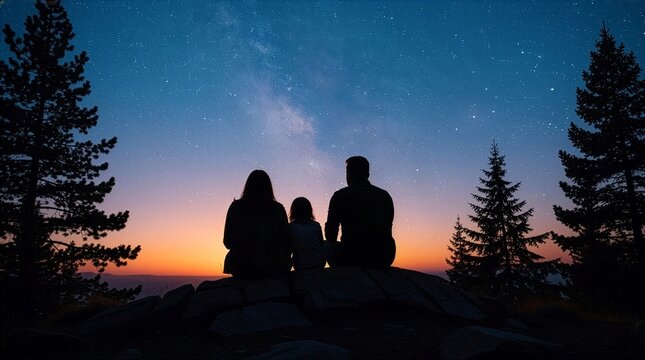 Silhouette of a family with a child sitting on rocks at a mountain overlook, admiring the breathtaking starry night sky and milky way at dusk, concept of camping, stargazing, and family bonding