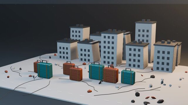 Abandoned Suitcases on a Road Away from a Damaged City