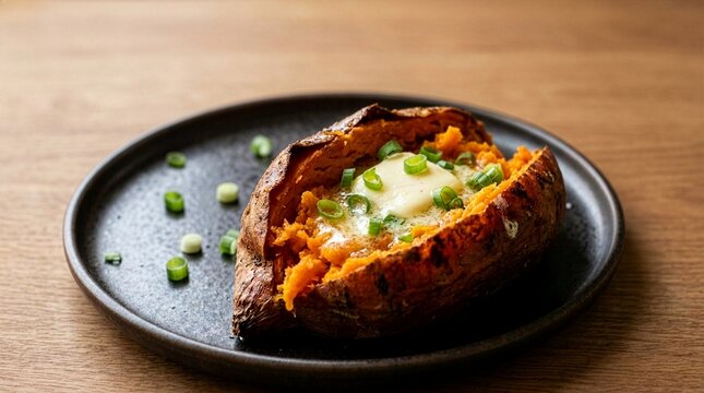 A delicious hot baked sweet potato served on a black plate, topped with a melting pat of butter and sprinkled with fresh green onions on a wooden table, ideal for sweet potato awareness.