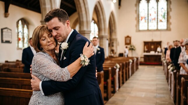 Groom embracing his mother during a church wedding ceremony