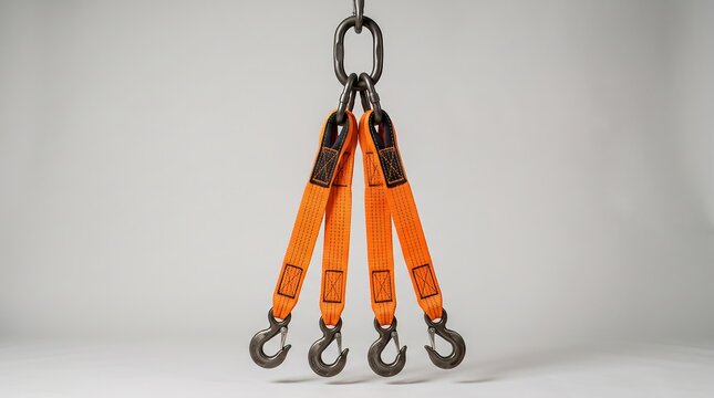 Heavy Duty Four Leg Orange Polyester Webbing Lifting Sling Assembly with Steel Clevis Hooks Hanging on Studio Background