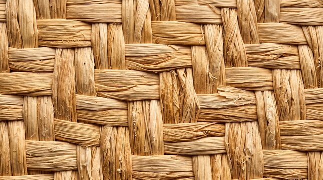 Full frame macro texture of handwoven natural raffia palm fiber straw