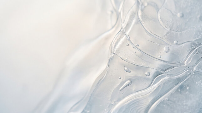 Macro detail of translucent ice layers with trapped air bubbles. Abstract frozen water texture with smooth curves and overlapping sheets. Light blue and white winter background