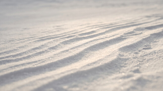 Close up of snow ridges illuminated by winter sunlight. Textured snowy surface with parallel lines and soft shadows. Abstract winter background with selective focus