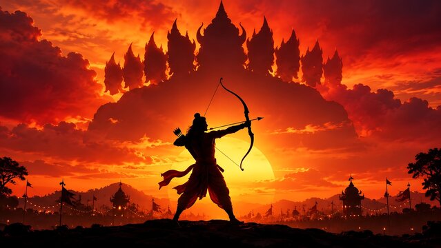 Heroic warrior archer aiming bow and arrow against dramatic sunset sky with giant multi headed demon silhouette in epic fantasy battle scene