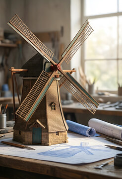 Architecture and engineering design, wooden windmill model on drafting table with blueprints and tools in a workshop for construction planning