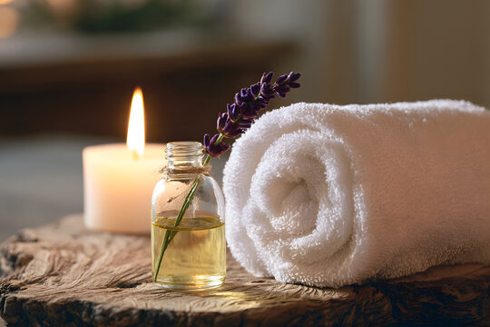 A still life of a spa, featuring lavender oil, a white towel, a perfumed candle, and all on a natural wood surface