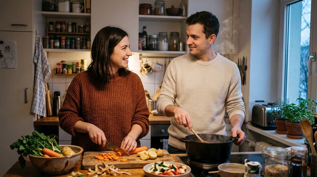Happy couple cooking dinner together in the kitchen. Woman chopping fresh vegetables and man stirring a steaming pot on the stove