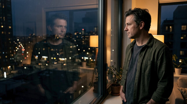 Pensive middle aged man looking out apartment window at night. Thoughtful male standing by glass with city lights reflection
