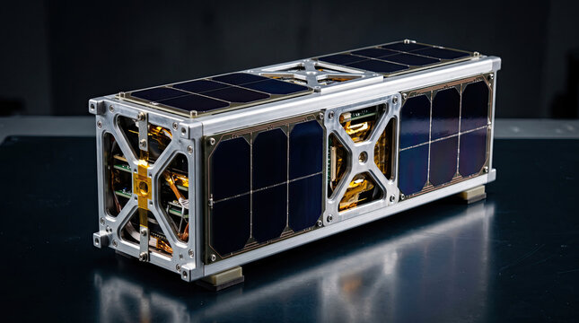CubeSat nanosatellite with solar panels and aluminum frame on glossy table