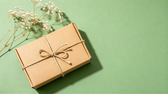 Kraft paper gift box with twine and flowers on a green background