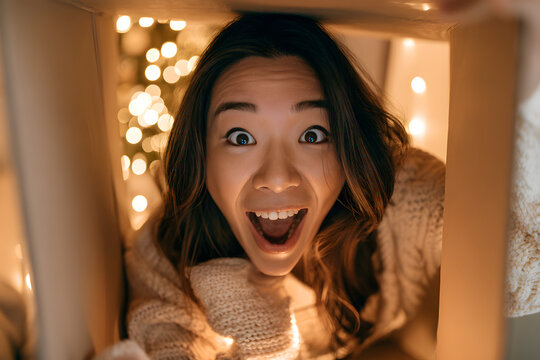 Surprised, excited, Asian woman opens a gift box for Christmas and New Year. Inside the carton box, at the bottom, a satisfied client provides positive feedback. The concept includes delivery and onli