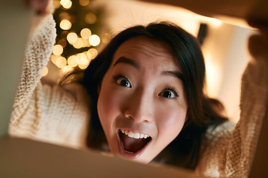 An excited Asian woman opened her Christmas and New Year's gift box. Inside the carton, at the bottom, she found satisfaction. Positive feedback followed, along with online and delivery shopping conce