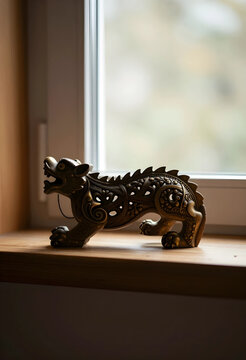 Asian culture and mythology, ornate bronze dragon figurine on a wooden windowsill, traditional oriental art and interior decor with soft natural light