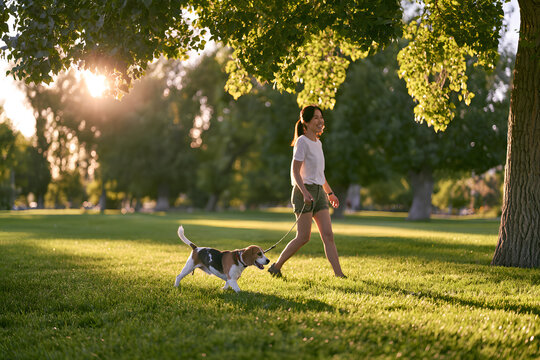 Happy Asian woman walking with her beagle dog in sunny morning at the dog park &ndash; joyful outdoor bonding, pet care, and dog training lifestyle in summer season