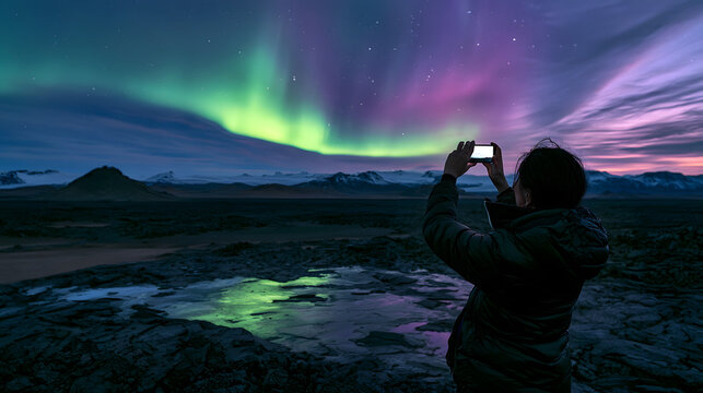 A tourist woman is using her smartphone to capture images of the northern lights in Iceland