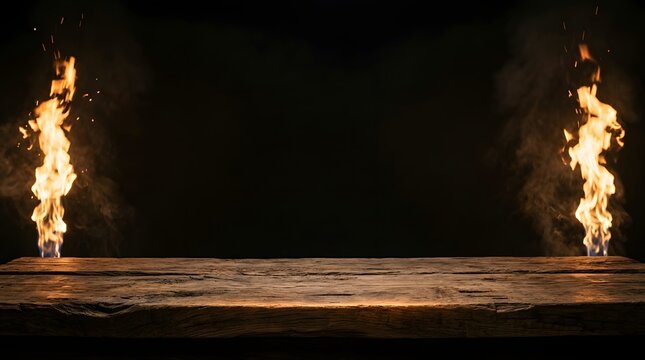 A dark empty wooden table with illuminated floral arrangements on either side