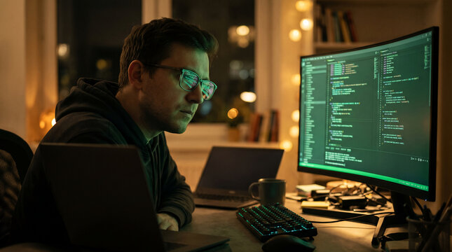 Man in glasses coding on computer in dark room, illuminated by monitor light and string lights, symbolizing technology, focus, and late-night work.