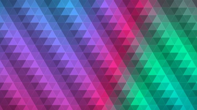 Abstract geometric background with a gradient of blue purple and green triangles creating a dynamic visual effect